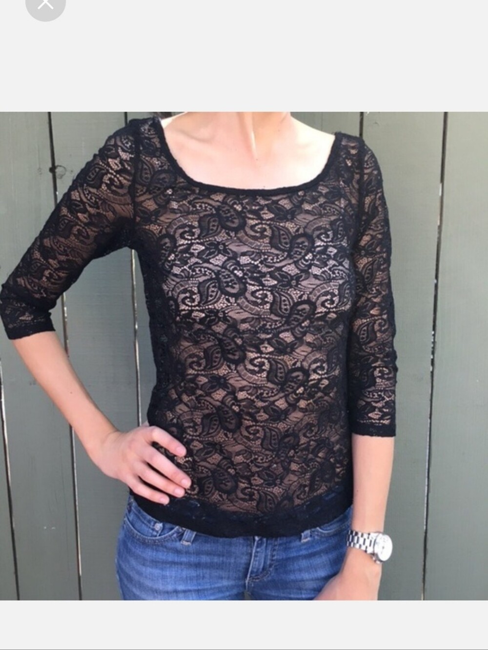Lucca Couture Black Floral Lace Scoop Neck Top
